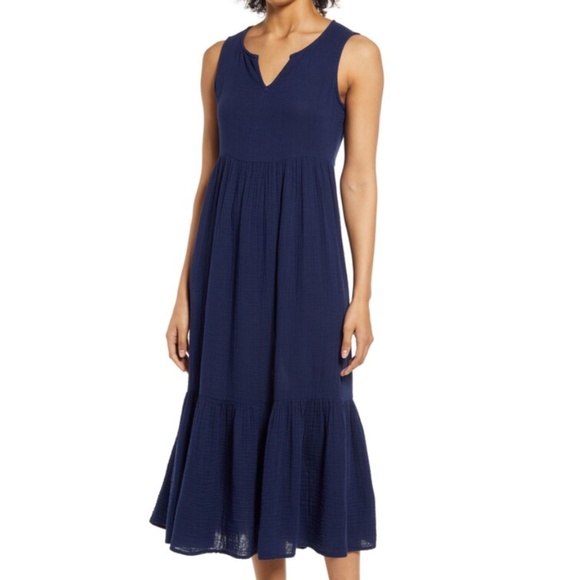 BeachLunchLounge Navy Blue Reana Sleeveless 💯 Cotton Double Cloth Midi Dress XL - Picture 1 of 5